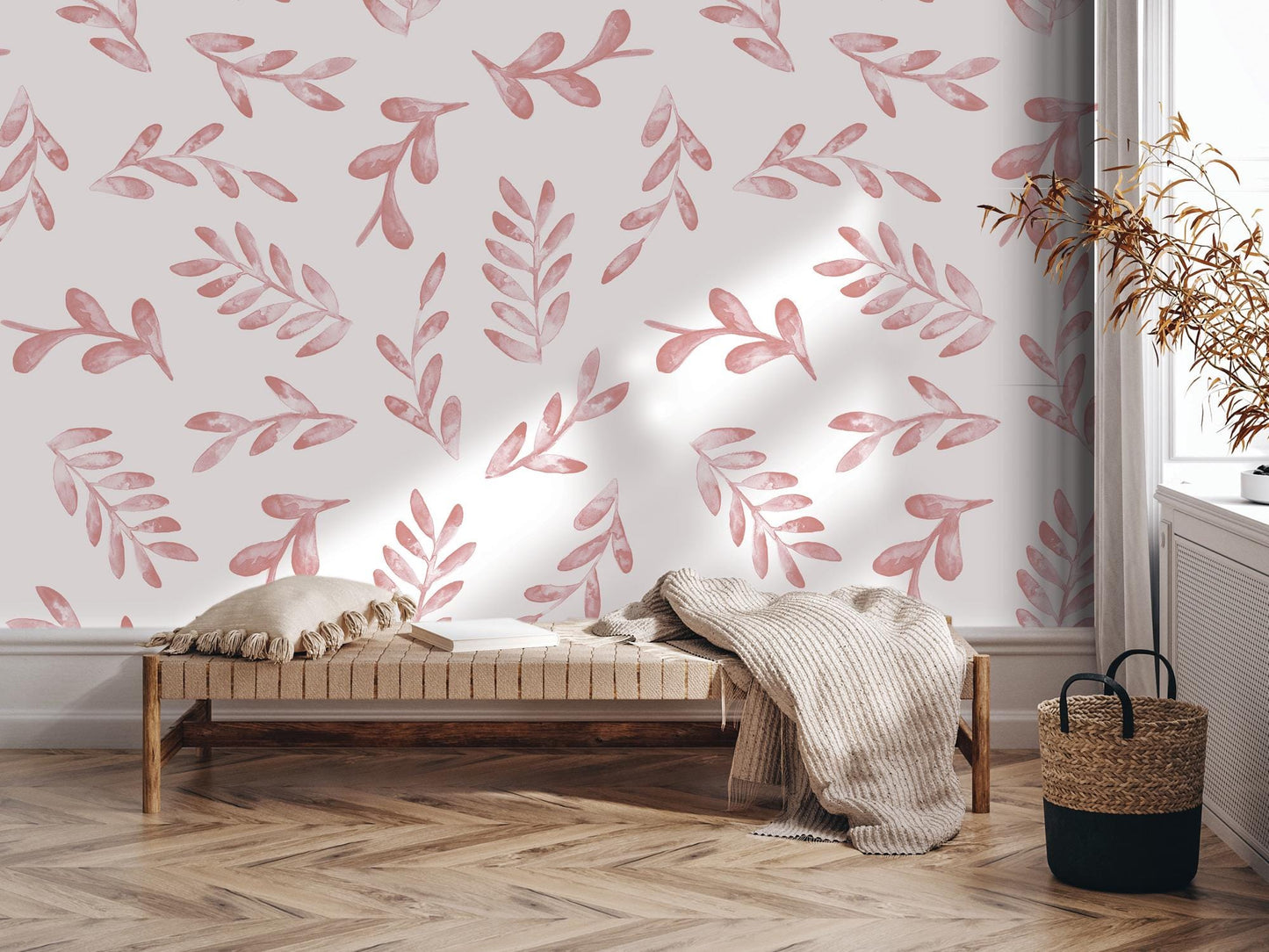a room with a bed and a wall paper