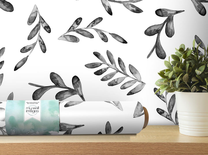 Floating Gray Watercolor Leaves Removable Wallpaper, Wall Art, Peel and Stick Wallpaper, Wall Decor, Accent Wall, Teen Room, Bathroom MW2024
