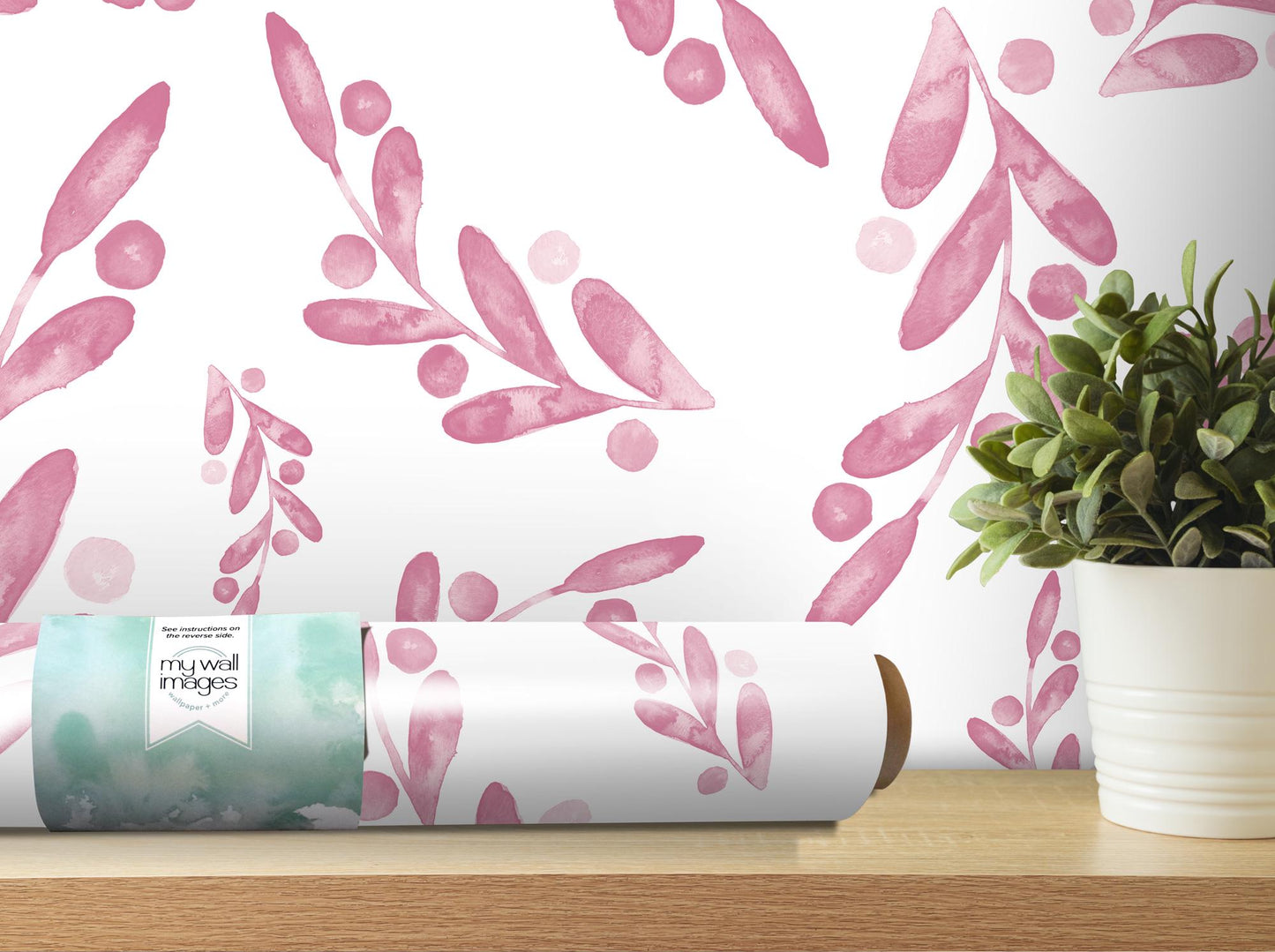 Pink Watercolor Dancing Leaves Removable Wallpaper, Wall Art, Peel and Stick Wallpaper, Wall Decor, Accent Wall, Modern Decor, MW2007