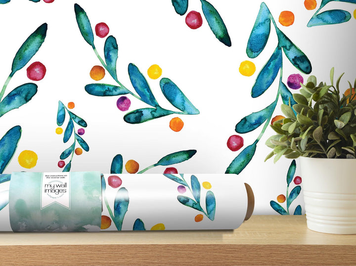 Colorful Dancing Leaves Berries on White Removable Wallpaper, Wall Art, Peel and Stick Wallpaper, Wall Decor, Accent Wall, Modern Art MW2000