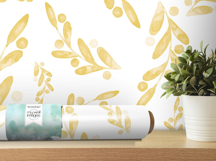 Yellow Gold Watercolor Dancing Leaves Removable Wallpaper, Wall Art, Peel and Stick Wallpaper, Wall Decor, Accent Wall, Modern Decor, MW2006