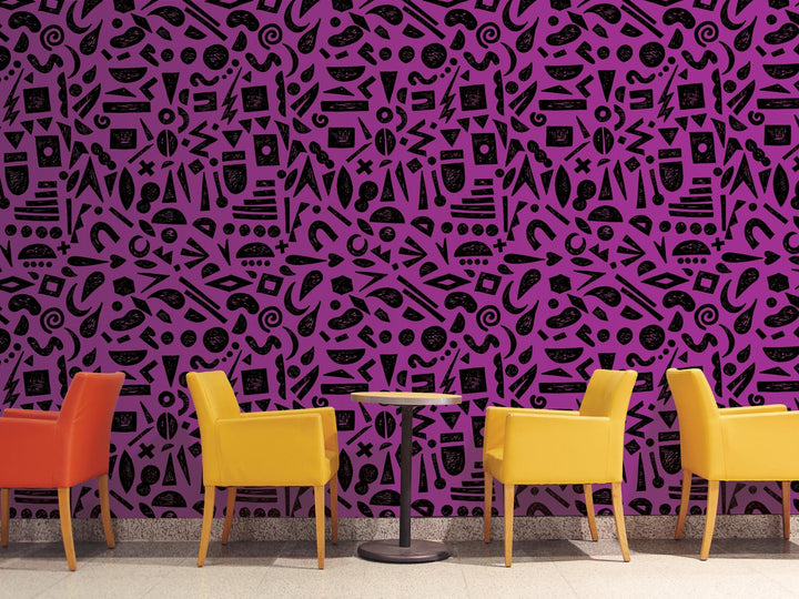 Doodle Graffiti Black Purple Removable Wallpaper, Wall Art, Peel and Stick Wallpaper, Wall Decor, Accent Wall, Game Room, Kids Room, MW2156