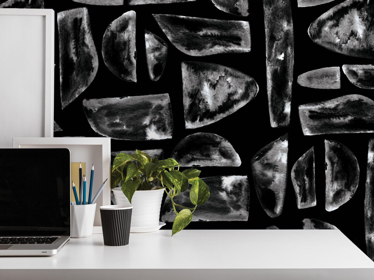 Boho Cave Gray Mosaic Stones Removable Wallpaper, Wall Art, Peel and Stick Wallpaper, Wall Decor, Accent Wall, Watercolor, Modern, MW2032