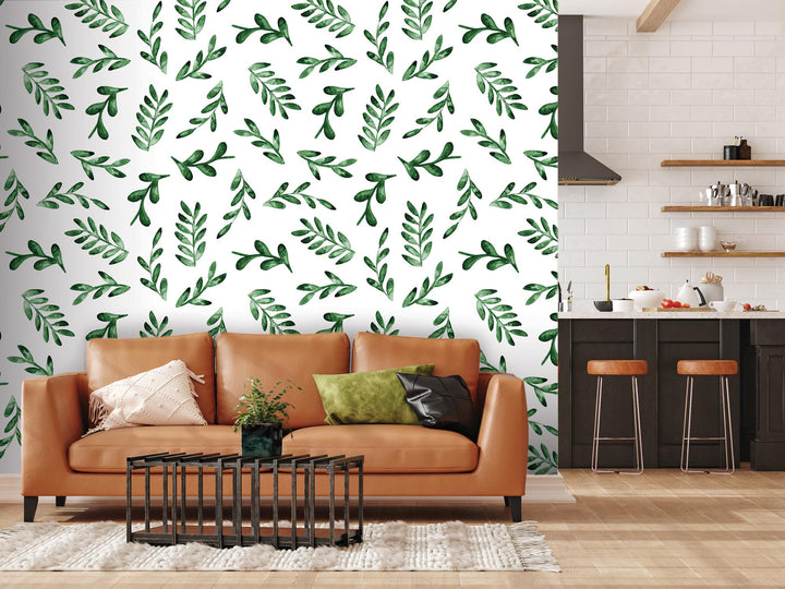 Floating Green Watercolor Leaves Removable Wallpaper, Wall Art, Peel and Stick Wallpaper, Wall Decor, Accent Wall, Living, Bathroom, MW2019