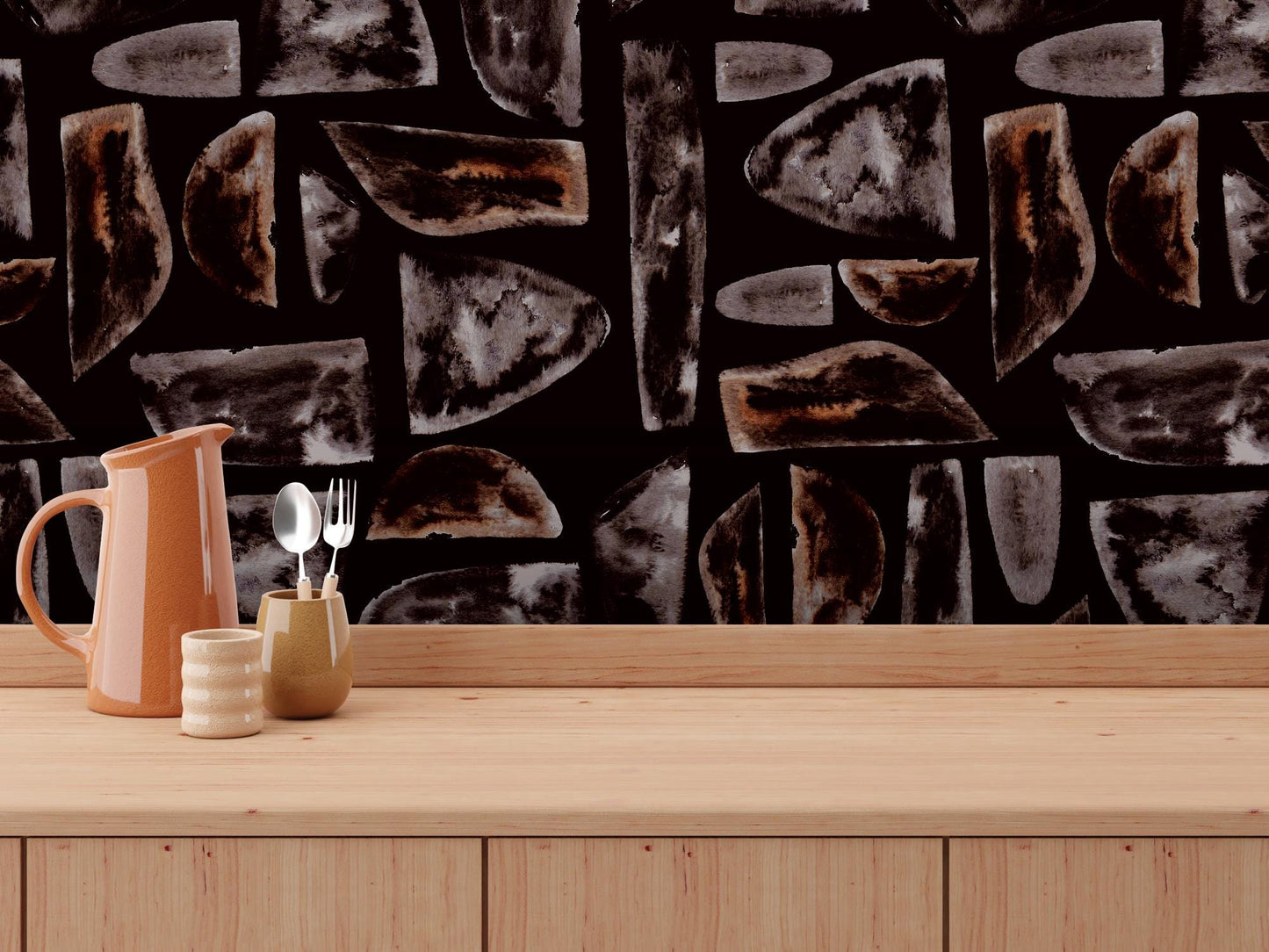 Boho Cave Rust Mosaic Stones Removable Wallpaper, Wall Art, Peel and Stick Wallpaper, Wall Decor, Accent Wall, Watercolor, Modern, MW2030