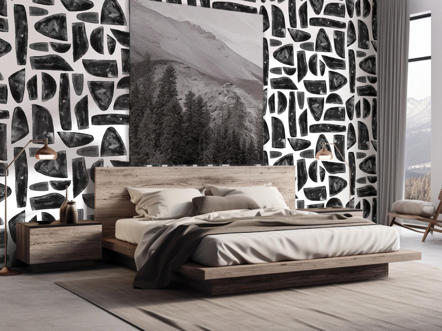 Boho Black Mosaic Stones Removable Wallpaper, Wall Art, Peel and Stick Wallpaper, Wall Decor, Accent Wall, Watercolor, Modern, MW2036
