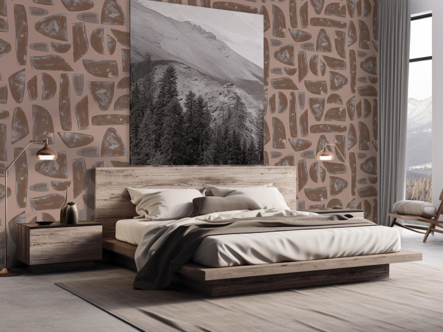 Boho Stone Brown Mosaic Stones Removable Wallpaper, Wall Art, Peel and Stick Wallpaper, Wall Decor, Accent Wall, Watercolor, Modern, MW2029