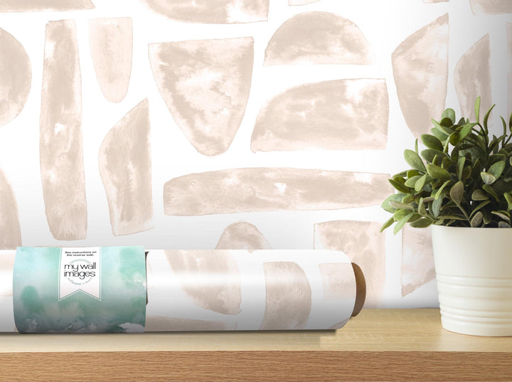 Boho Peach Beige Mosaic Stones Removable Wallpaper, Wall Art, Peel and Stick Wallpaper, Wall Decor, Accent Wall, Watercolor, Modern, MW2035