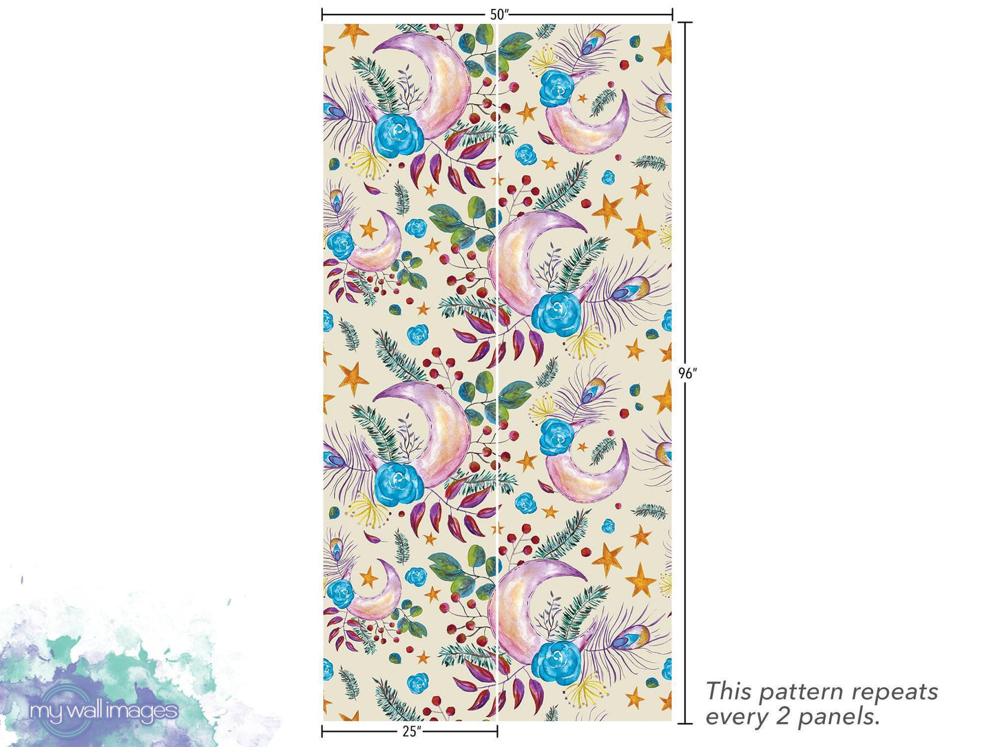 Floral Moon Boho on Cream Removable Wallpaper, Wall Art, Peel and Stick Wallpaper, Wall Decor, Accent Wall, Bedroom Decor, Nursery, MW1996
