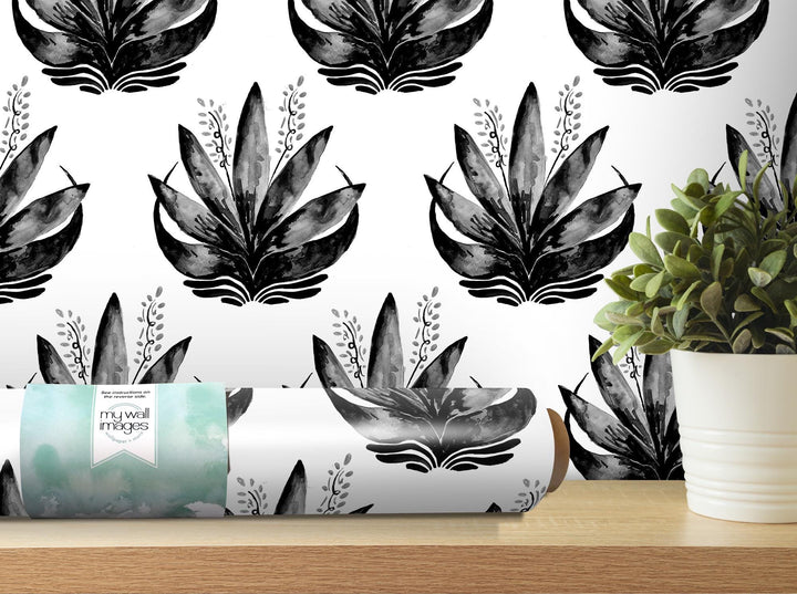 Watercolor Fleur Black and White Removable Wallpaper, Wall Art, Peel and Stick Wallpaper, Wall Decor, Accent Wall, MW1970