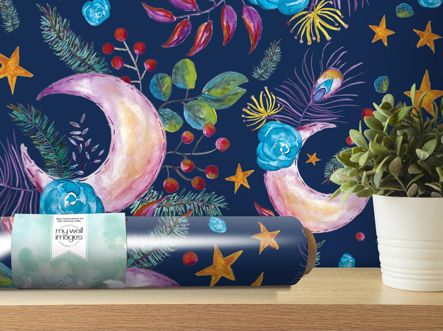 a painting of a crescent and stars on a blue background