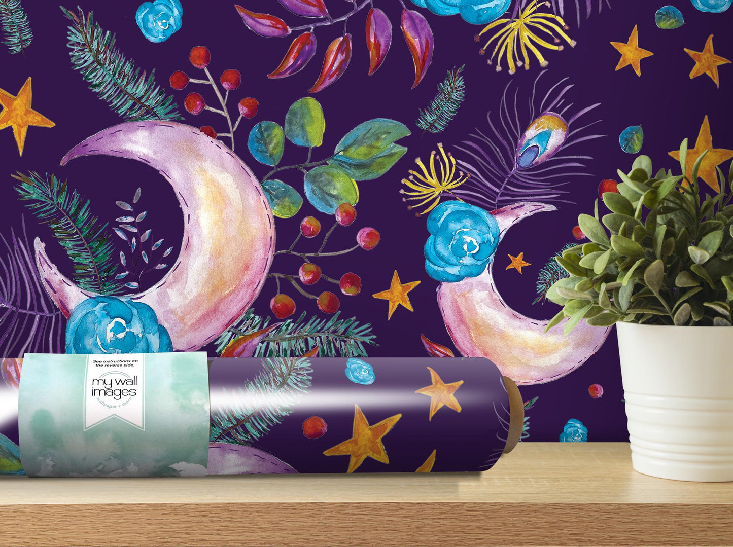 a painting of a crescent and stars on a purple background