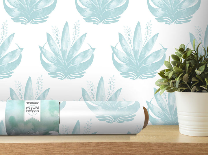 Watercolor Fleur Light Turquoise Removable Wallpaper, Wall Art, Peel and Stick Wallpaper, Wall Decor, Accent Wall, Teen Room, Trendy, MW1972