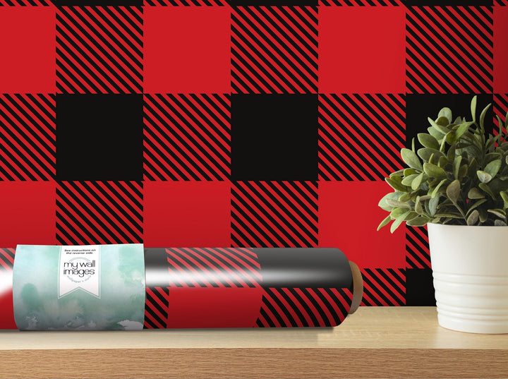 a red and black plaid wallpaper with a plant in a white vase