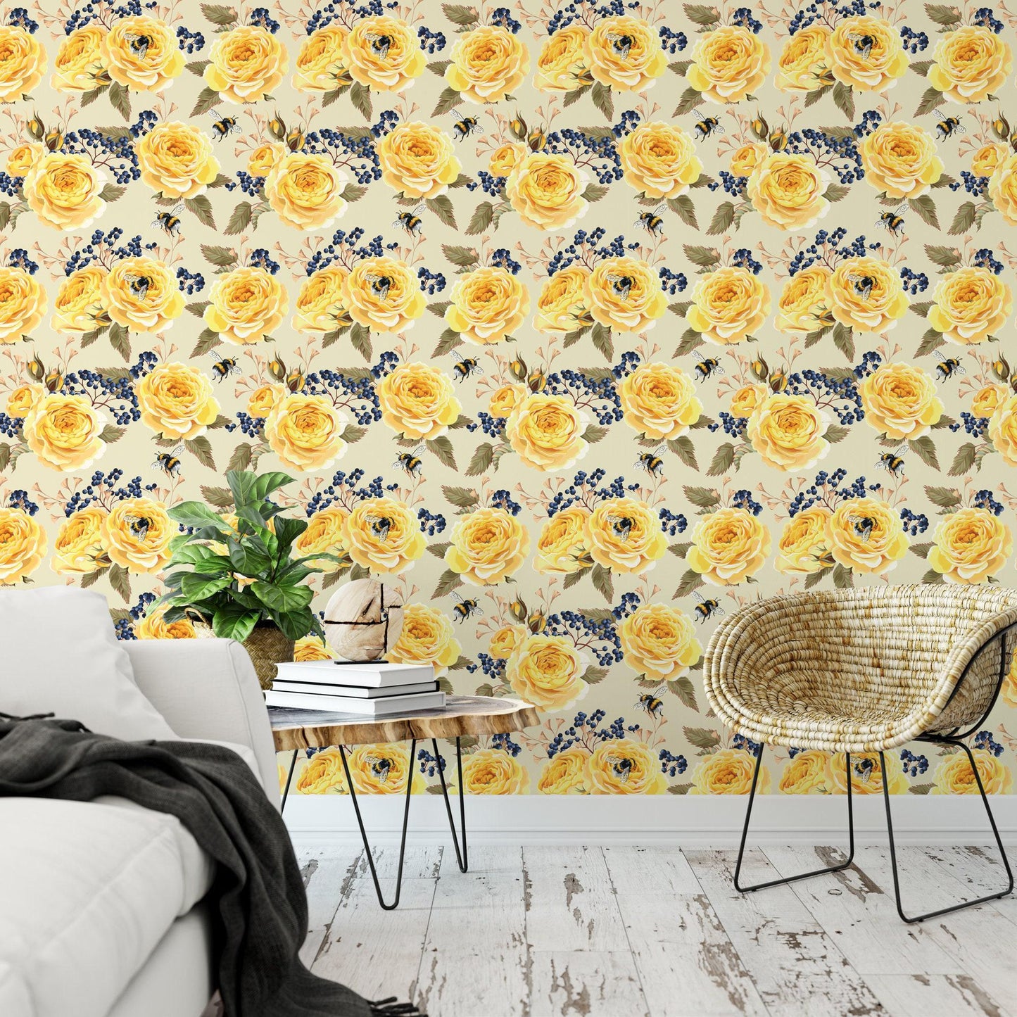 Yellow Roses Vintage Wallpaper MW1331sm