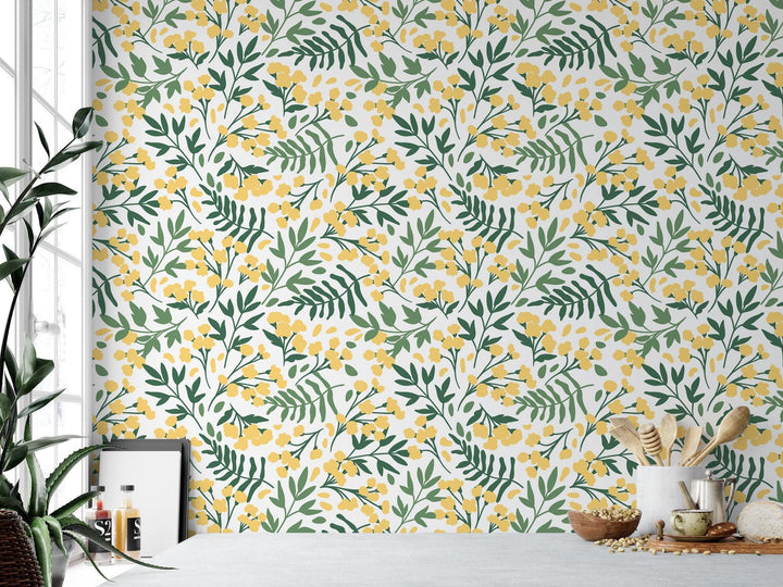 Yellow and Green Folk Art Floral Wallpaper MW1197sm