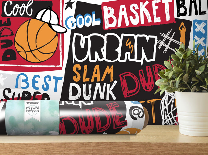 a wall with a bunch of signs and a potted plant