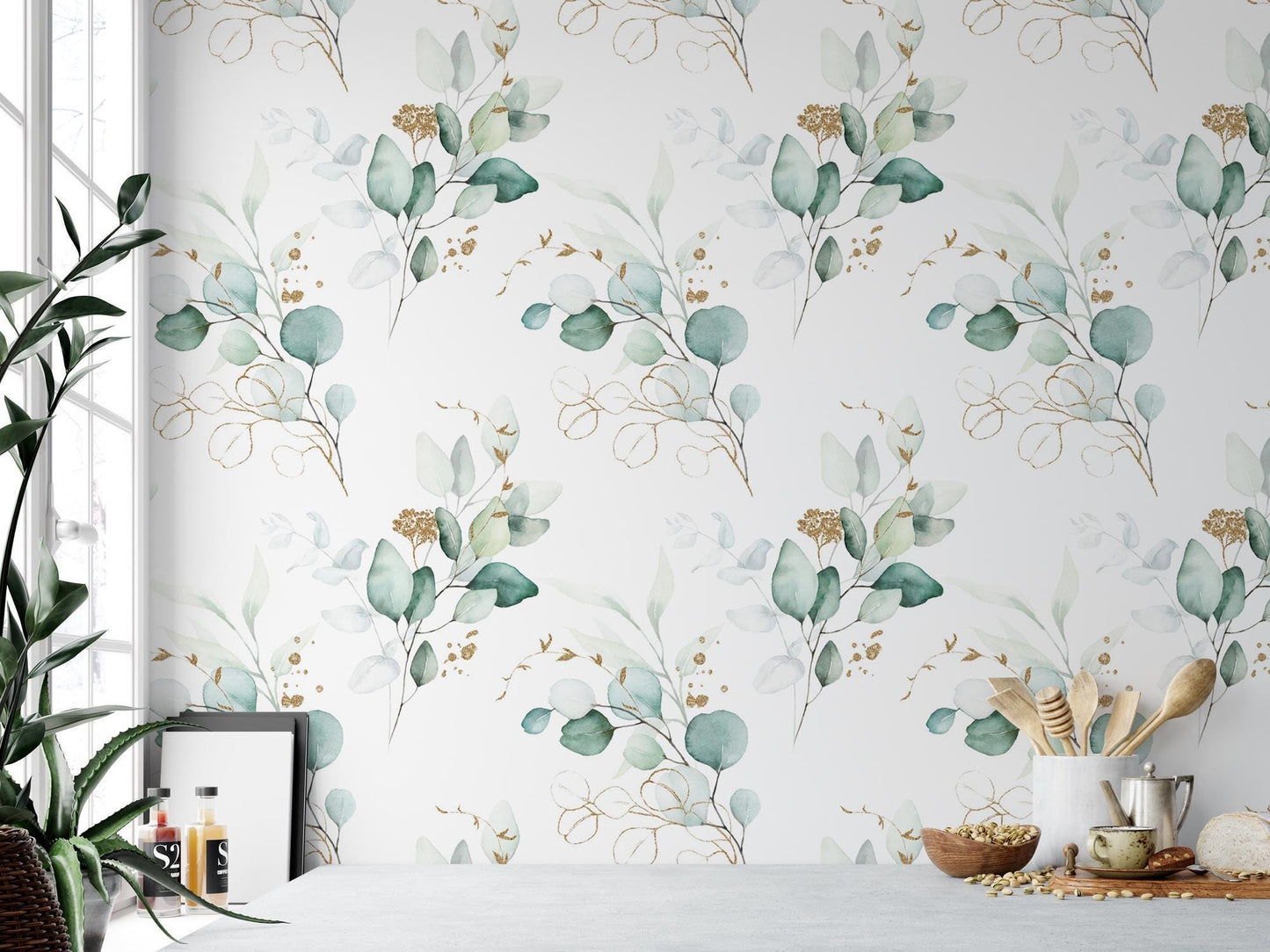 Green and Gold Eucalyptus Leaf Wallpaper MW1316sm
