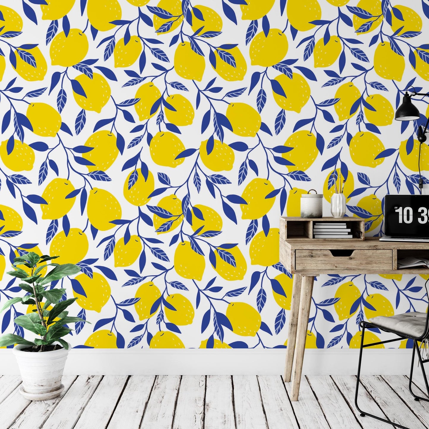 a yellow and blue wallpaper with lemons on it