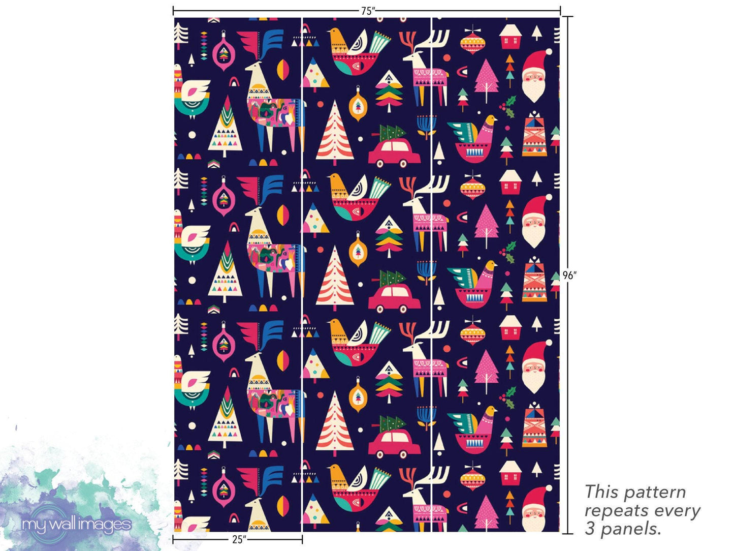 Modern Scandinavian Christmas Folk Style, Removable Wallpaper, Wall Art, Peel and Stick Wallpaper, Accent Wall, Holiday Wallpaper, MW1677