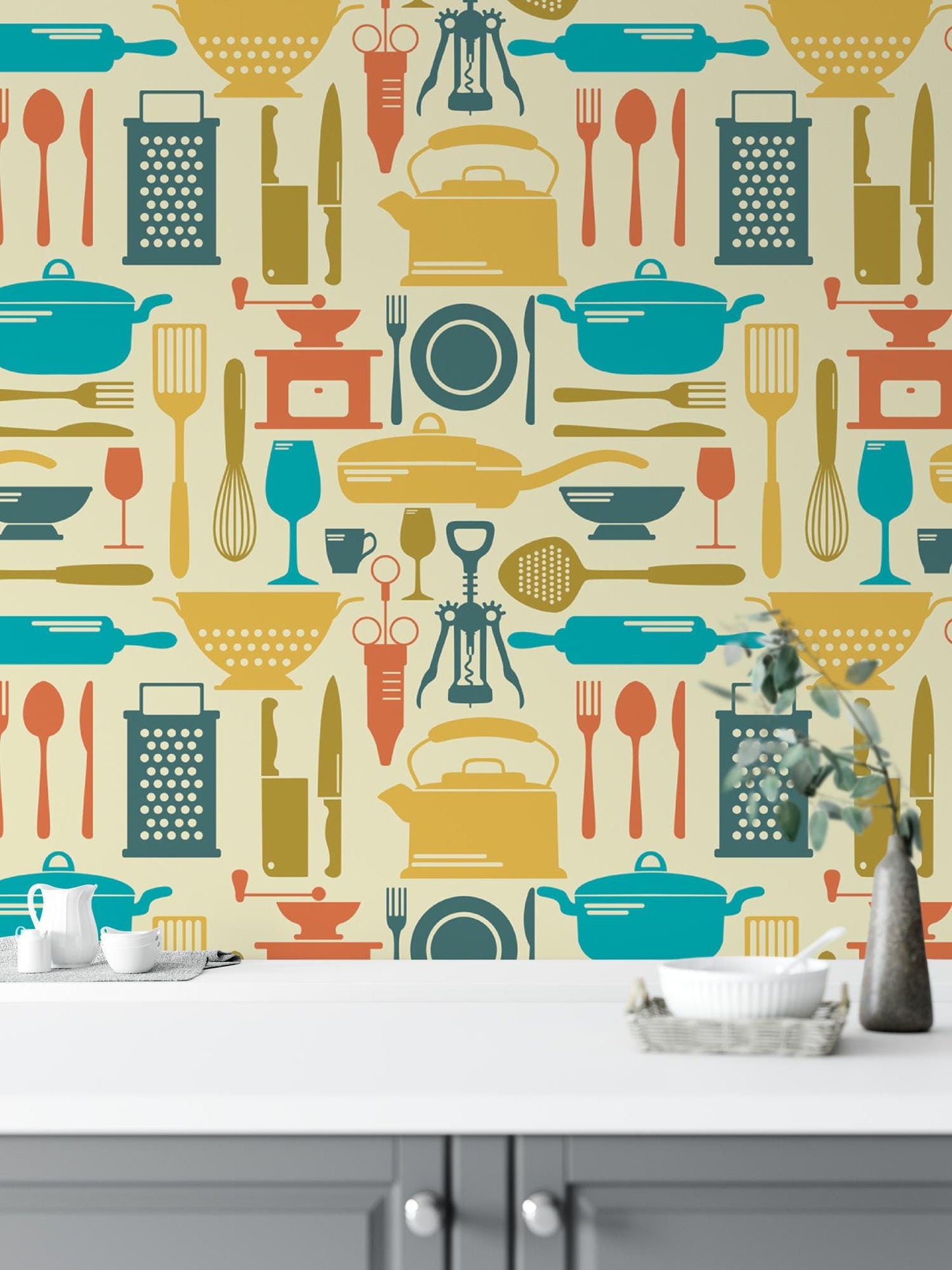 Retro Kitchen Accessories Small Removable Wallpaper, Wall Art, Peel and Stick Wallpaper, Pantry, Kitchen Decor, Pantry Wallpaper, MW1311sm