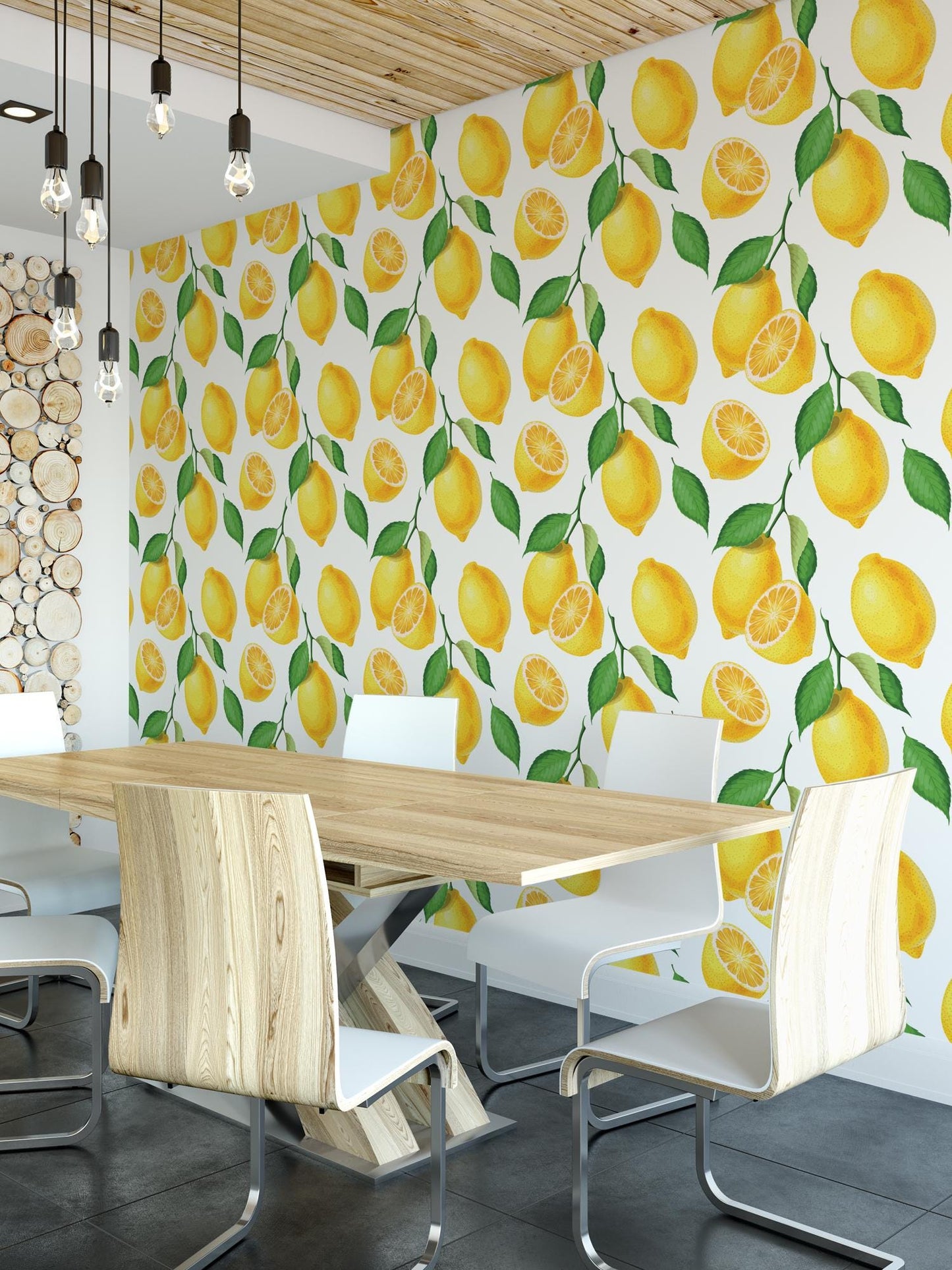 a room with a table and chairs and a wall with lemons on it