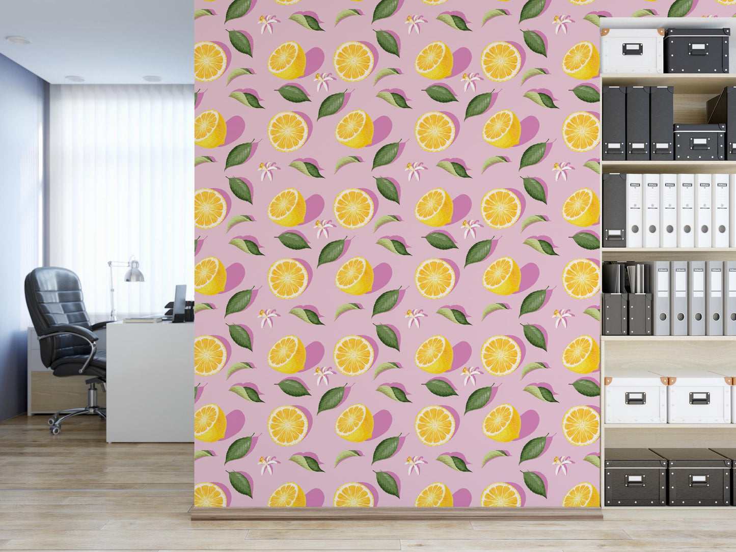 a room with a bookcase and a wall with a pattern of lemons on