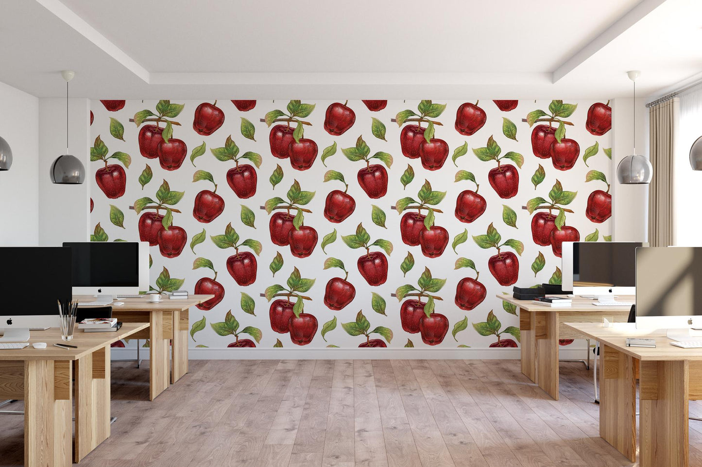 a room with a wallpaper with apples on it