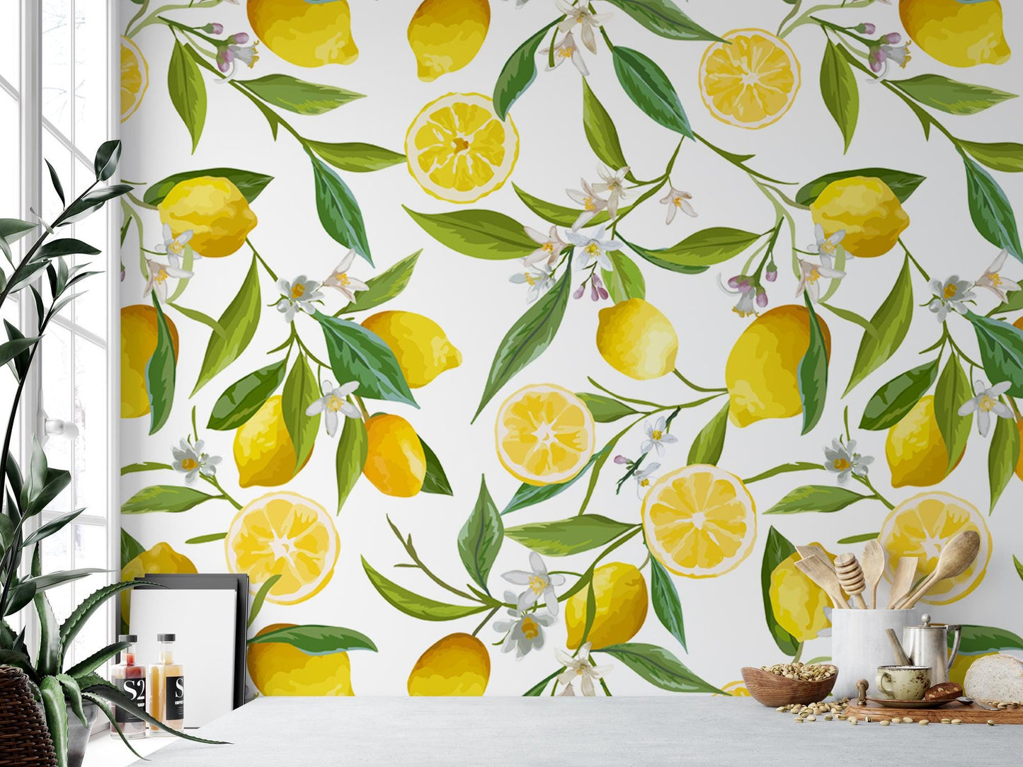 a wall with lemons and flowers painted on it