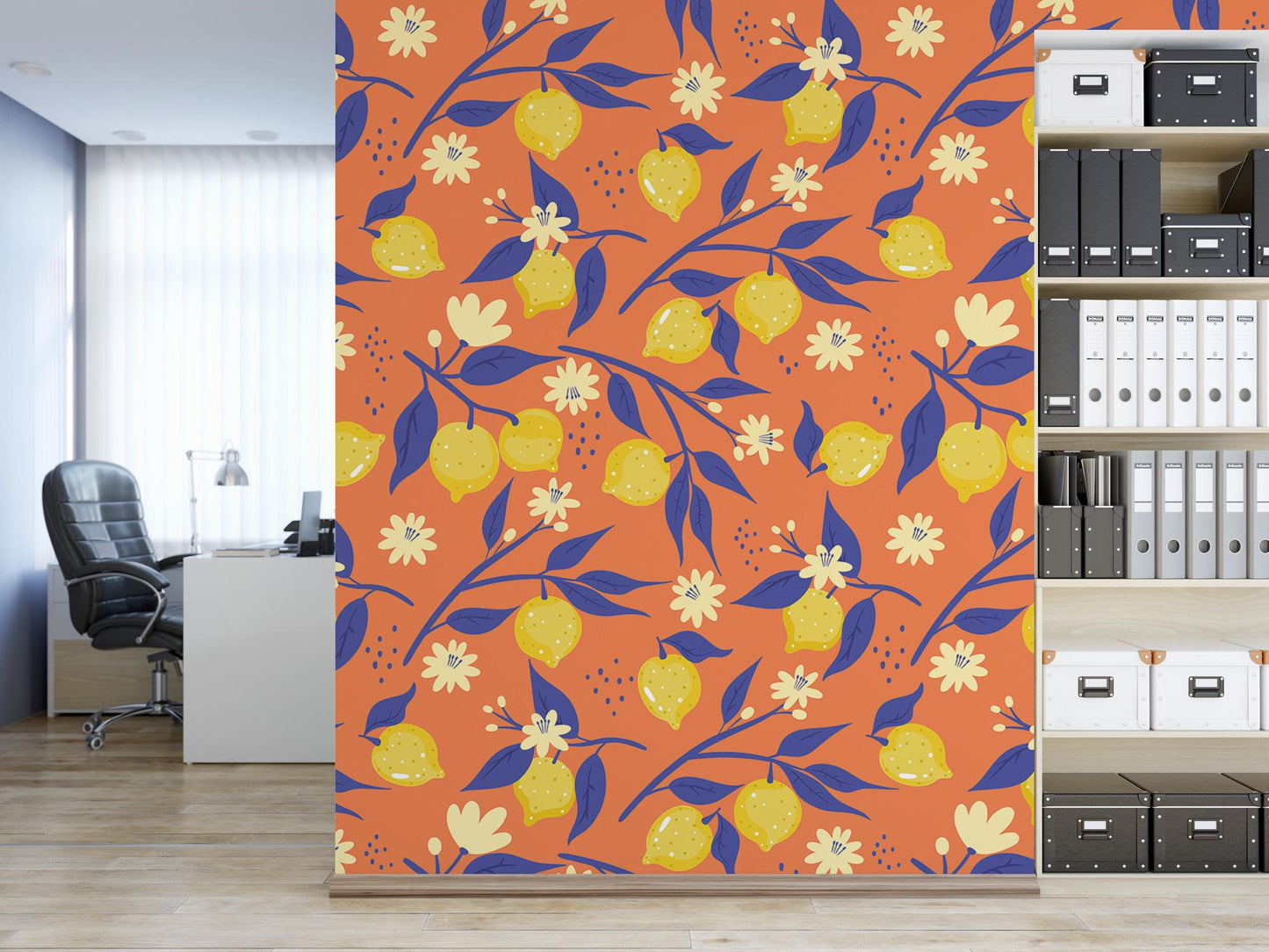 an orange and blue wallpaper with a floral design