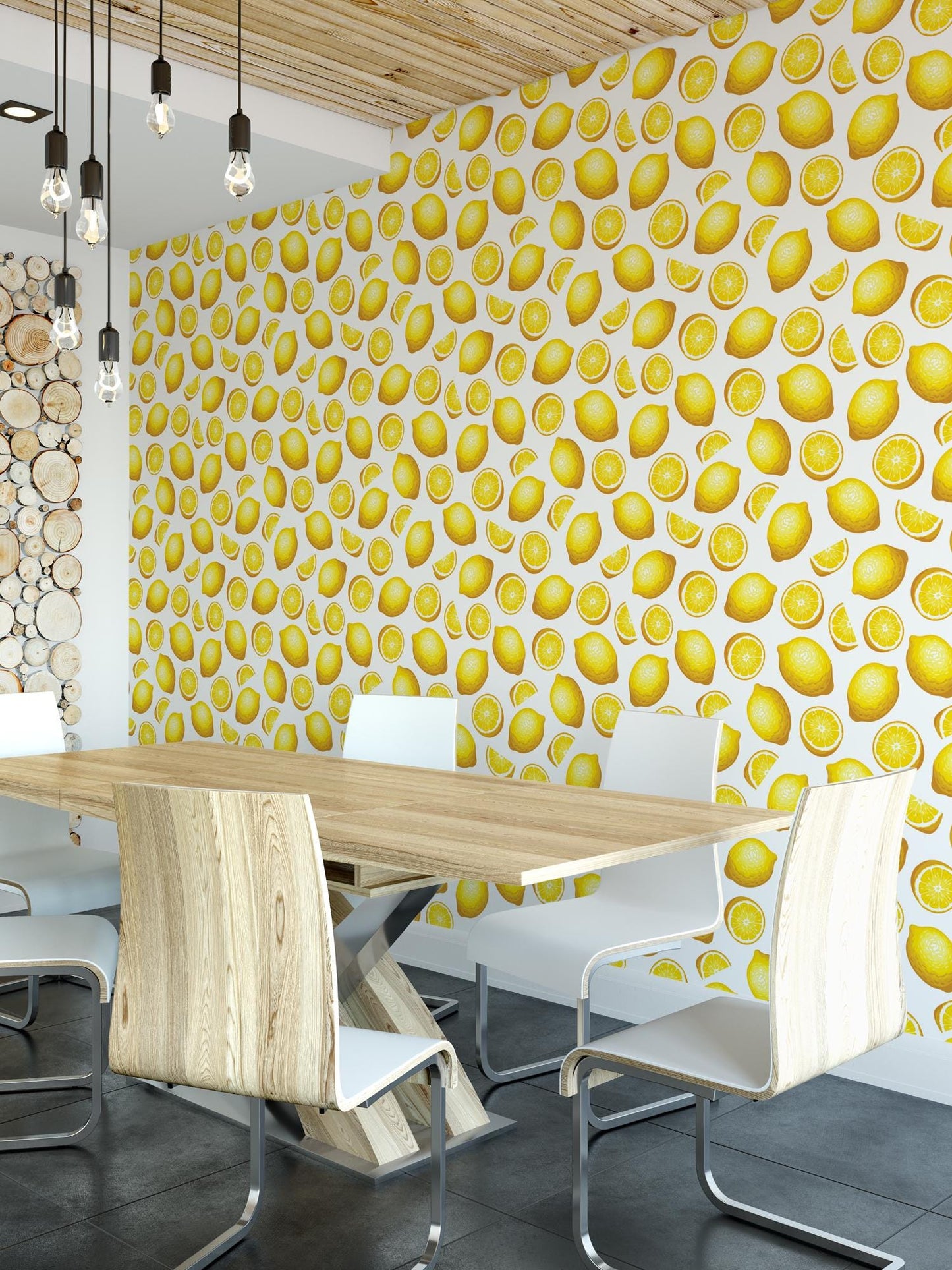 a room with a table and chairs and a wall with lemons painted on it