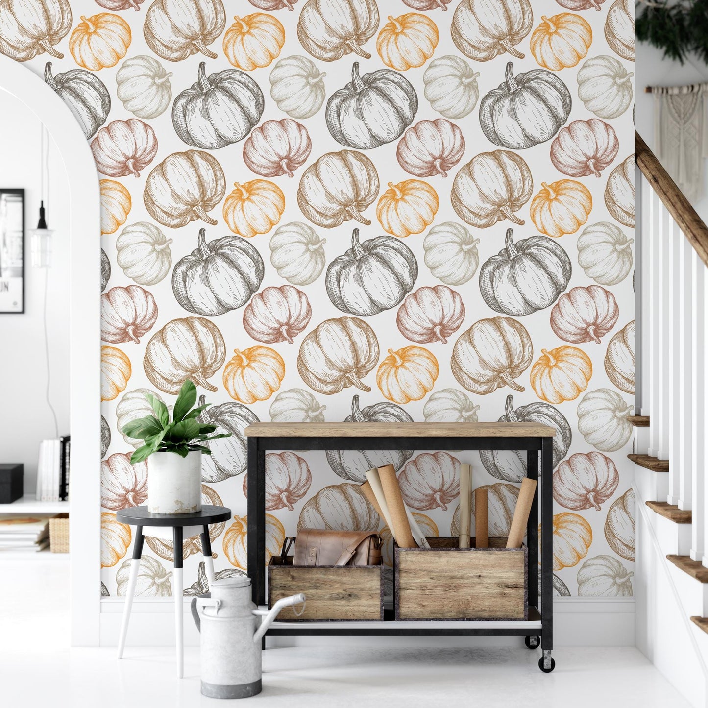 a room with a wall paper with a bunch of pumpkins on it