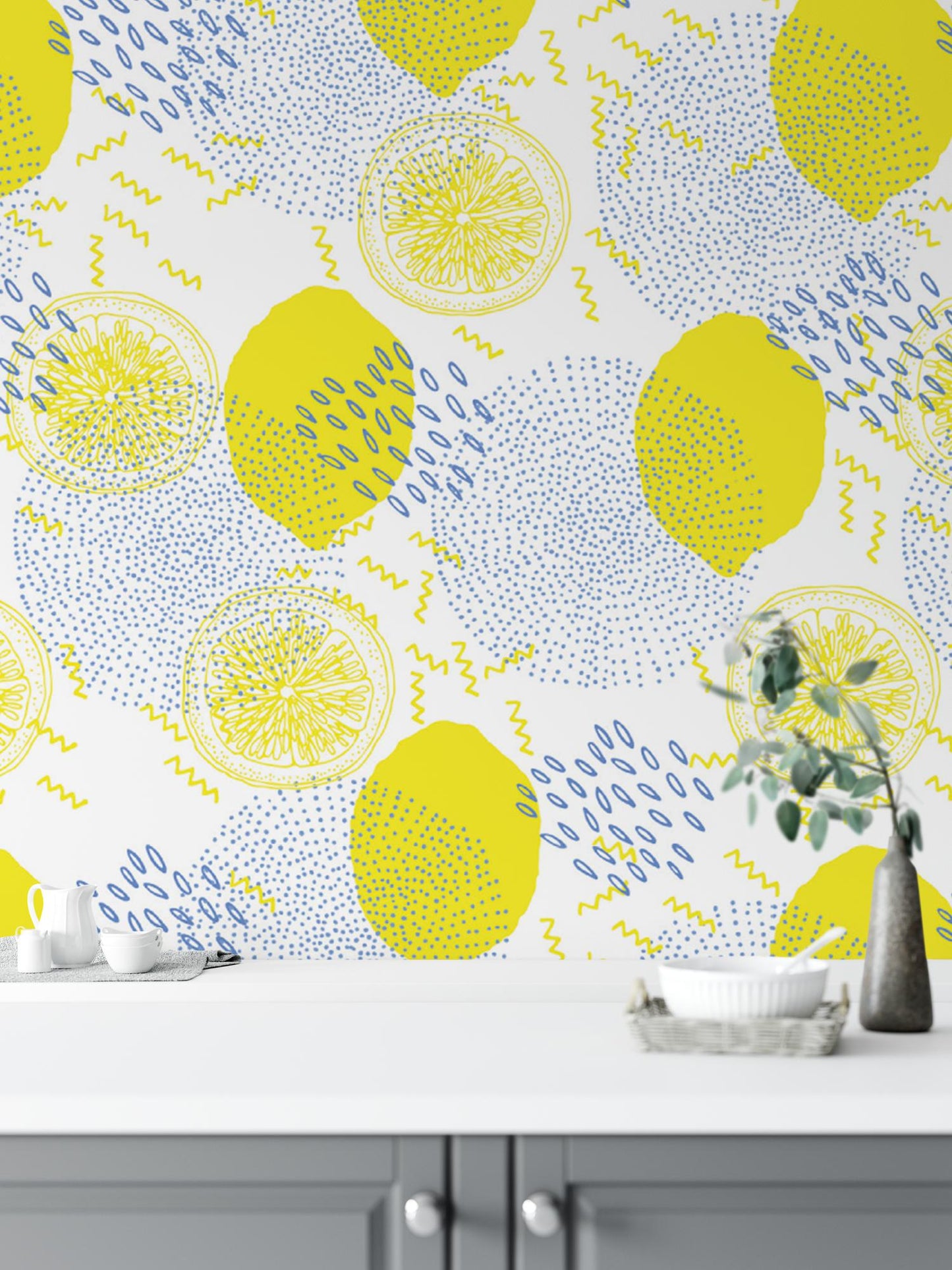 a yellow and blue wallpaper with a vase of flowers