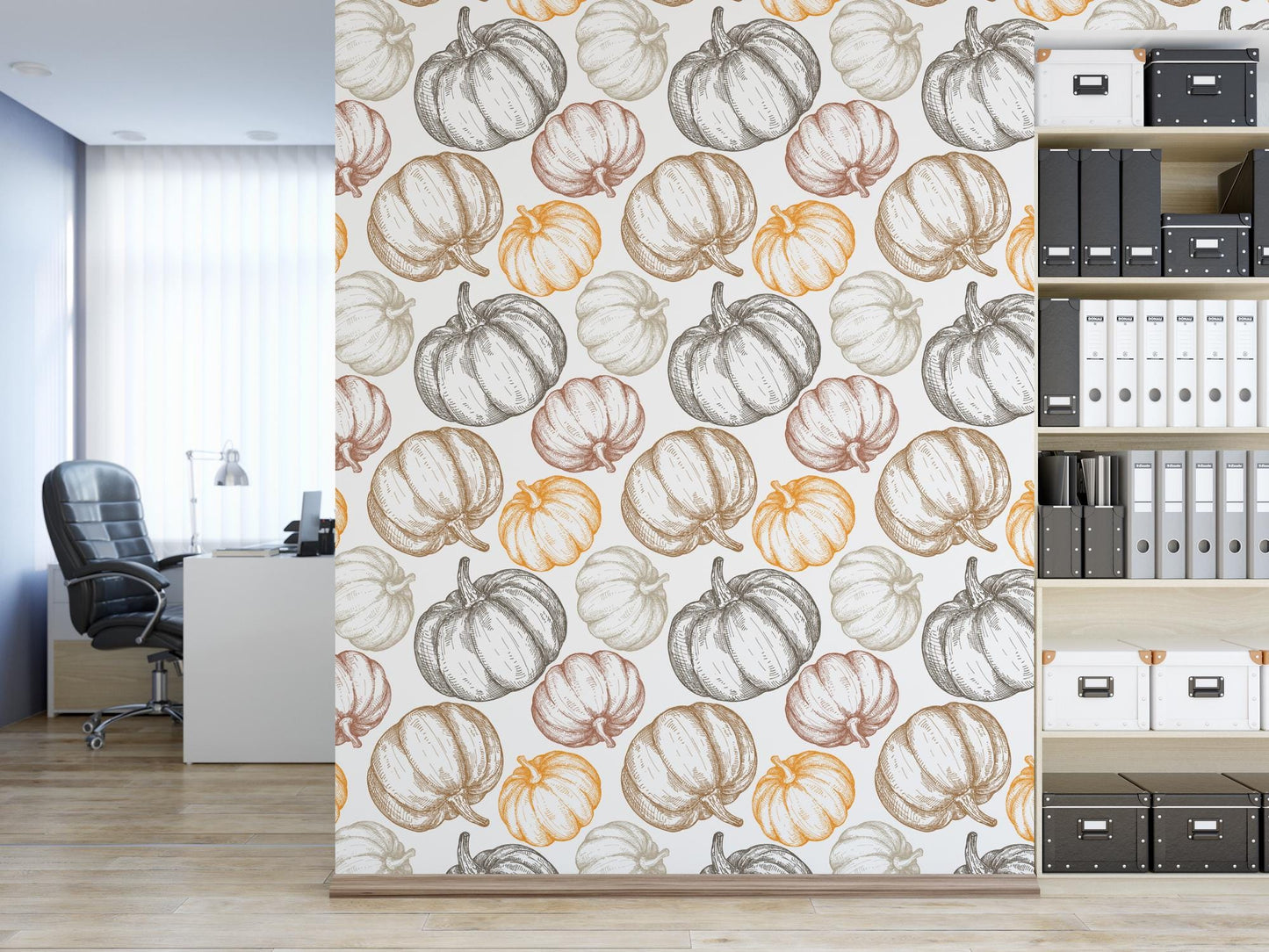 a room with a book shelf and a wallpaper with a pattern of pumpkins