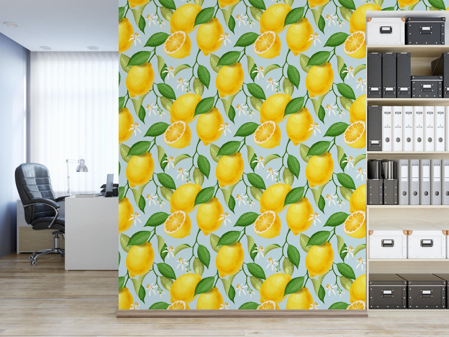 a room with a bookcase and a curtain with a picture of lemons on