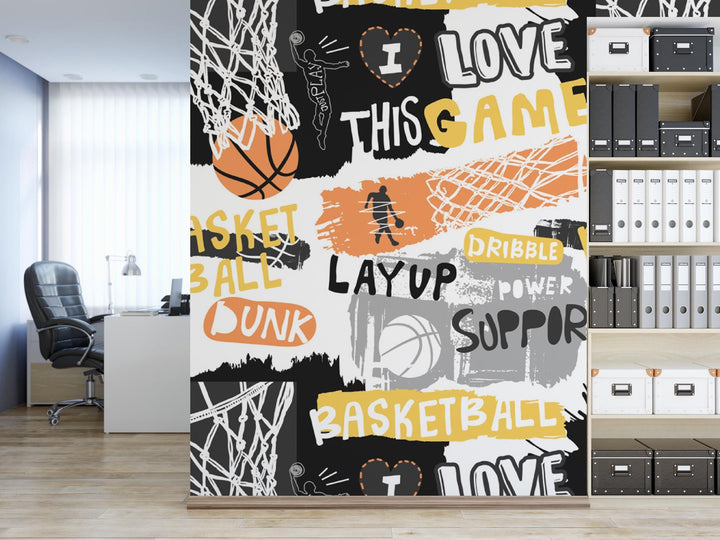 a room with a bookcase and a basketball themed wall