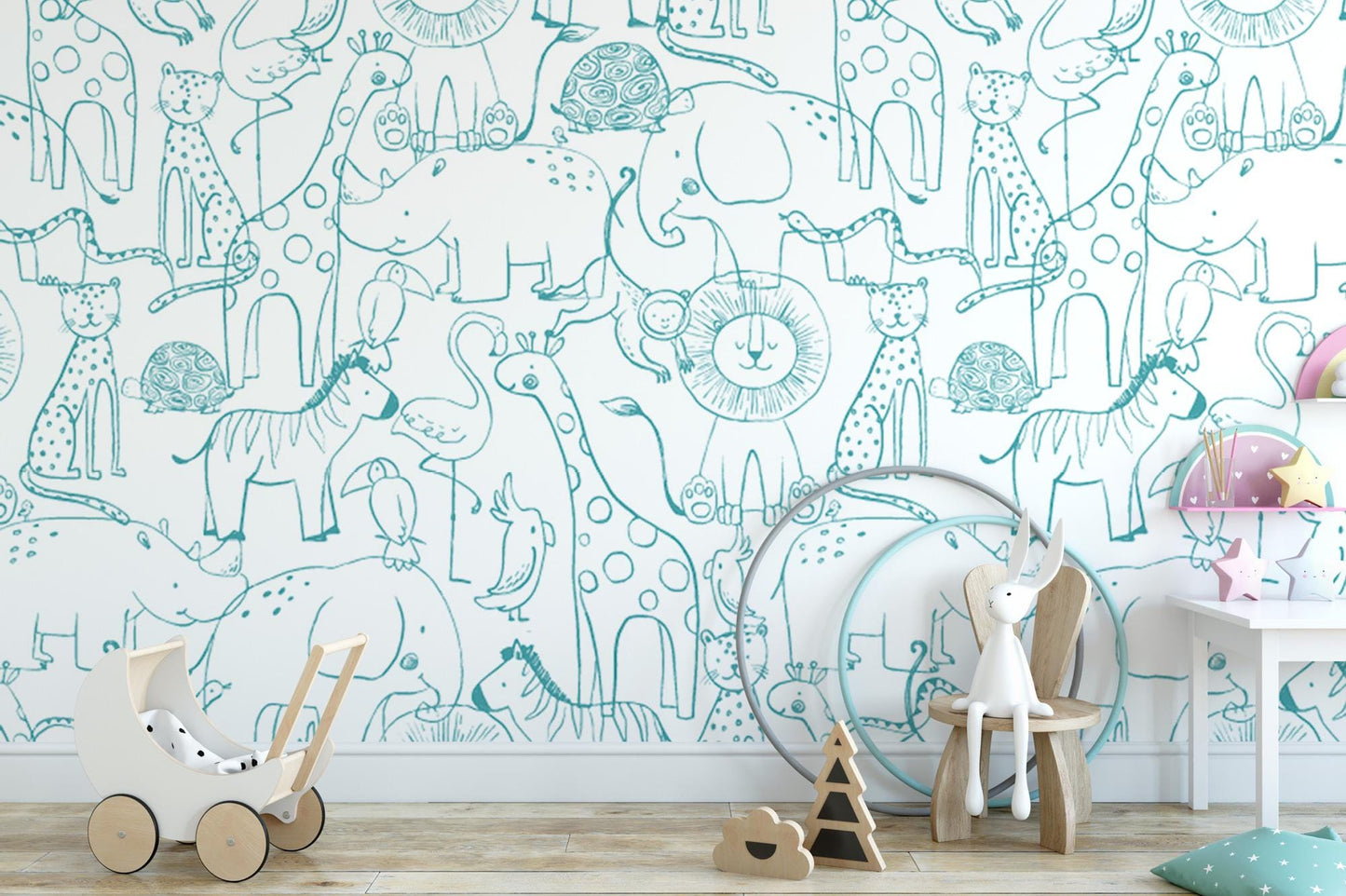 a child's room with toys and a wallpaper