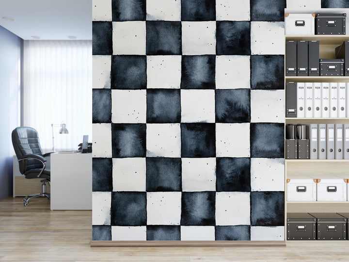 a black and white checkered wall in an office
