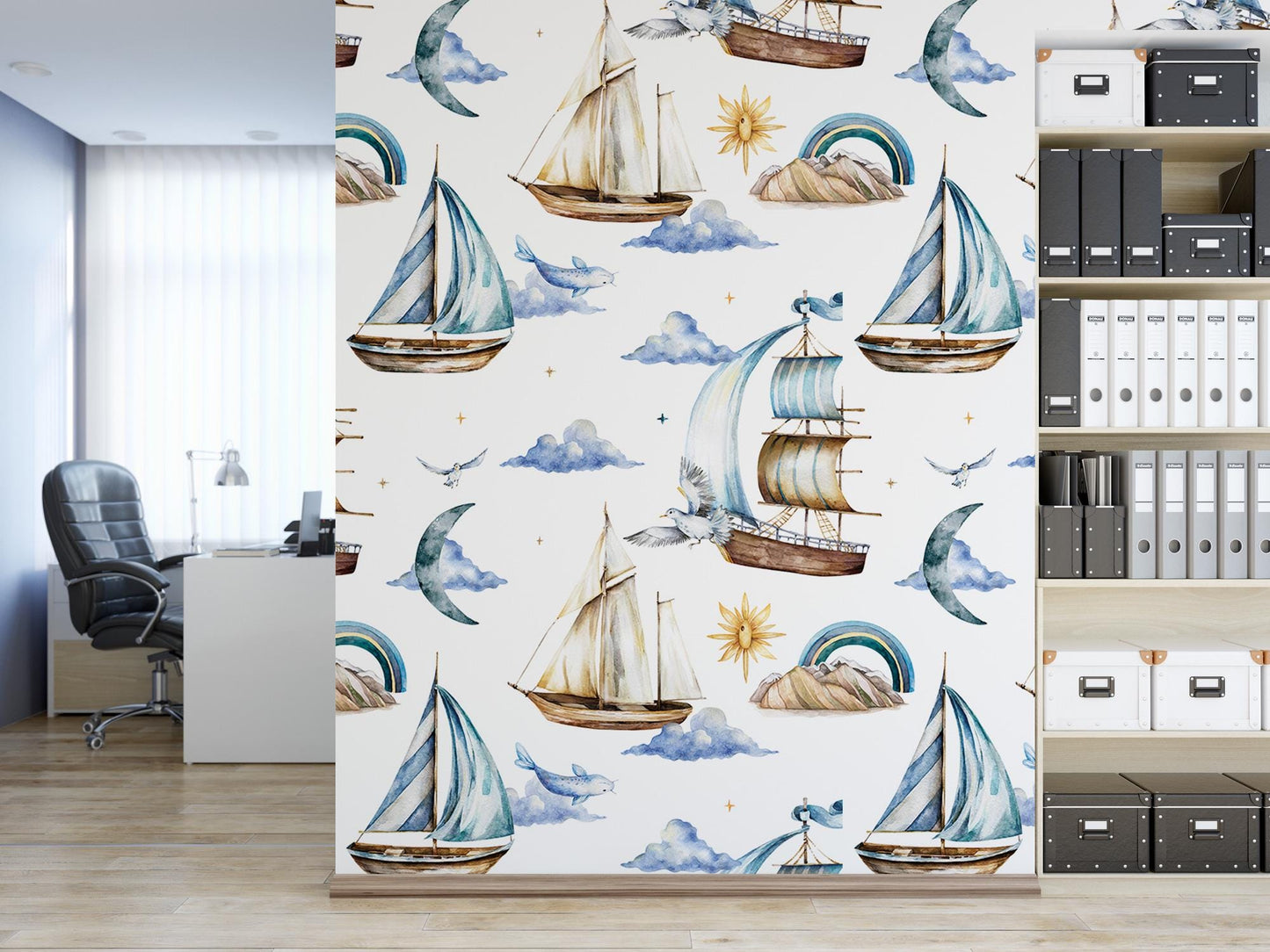 a room with a book shelf and a wallpaper with a sailboat on it