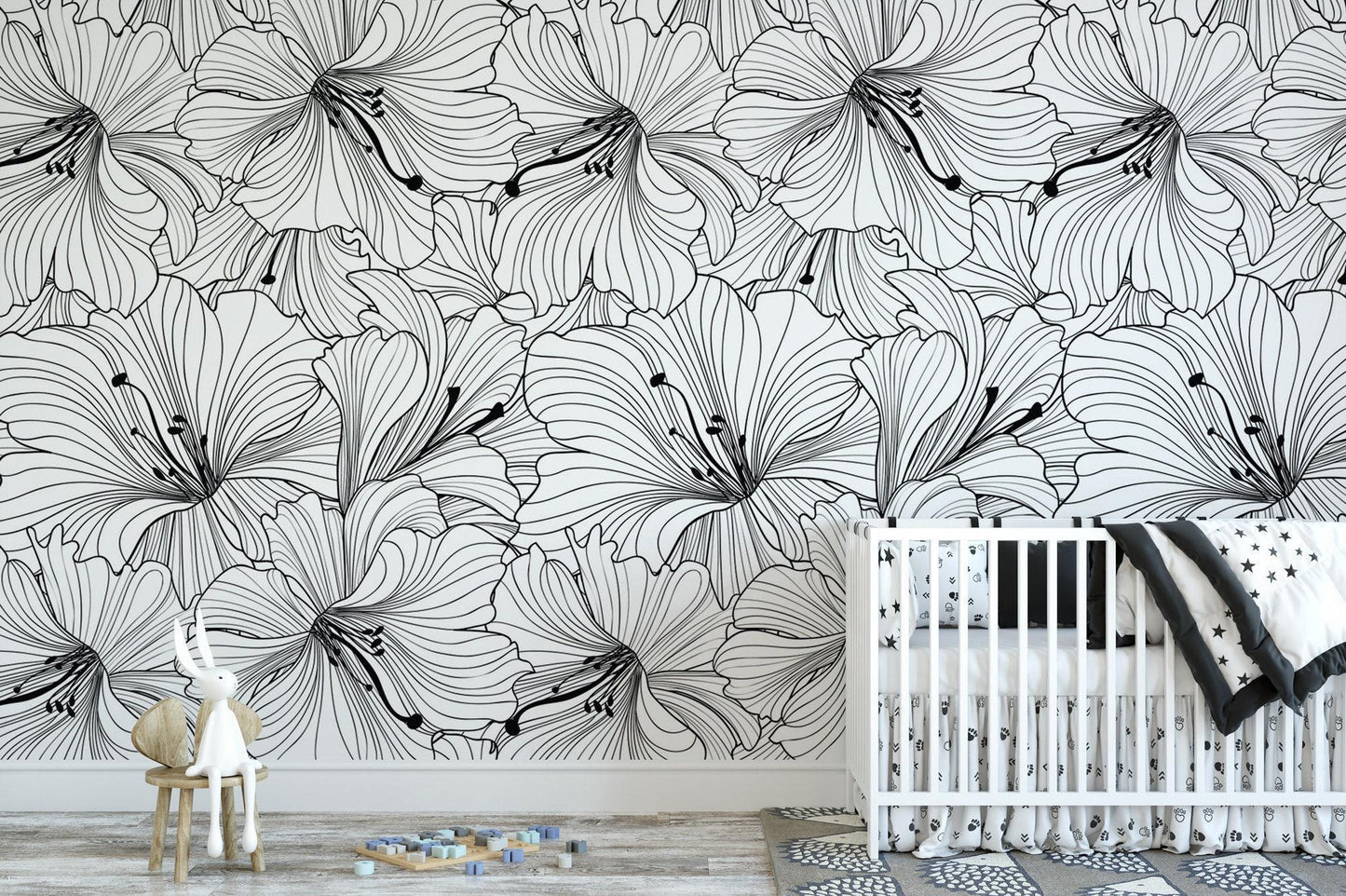 Black and White Large Floral Wallpaper MW1426