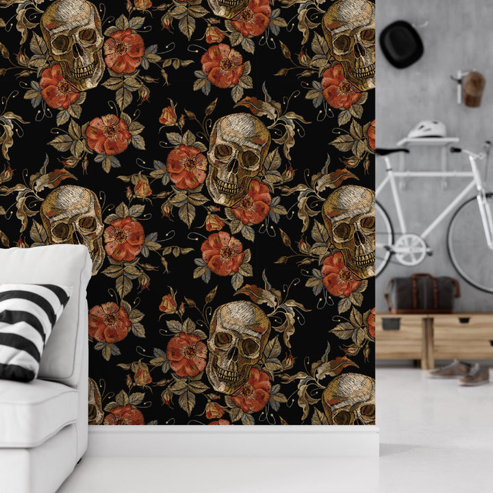 a living room with a white couch and a black wall