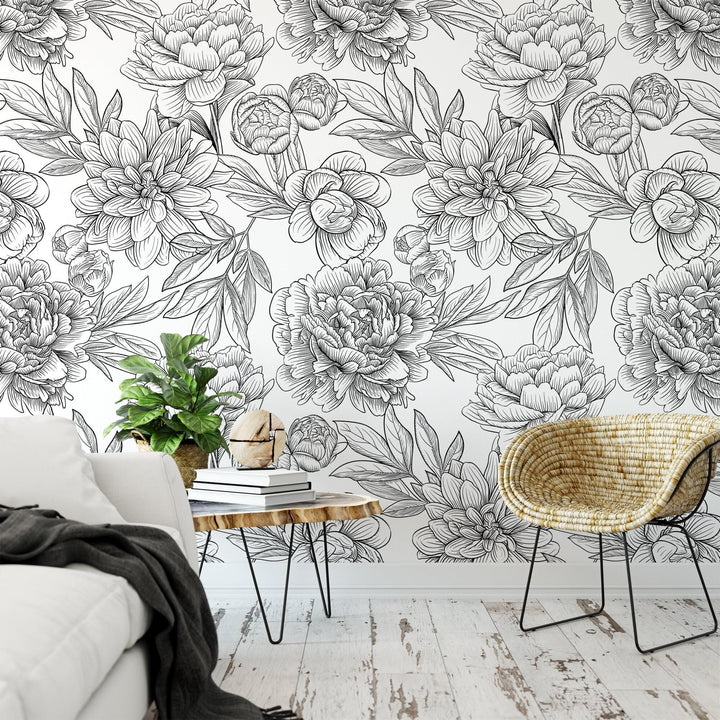 Black & White Peony Wallpaper MW1045