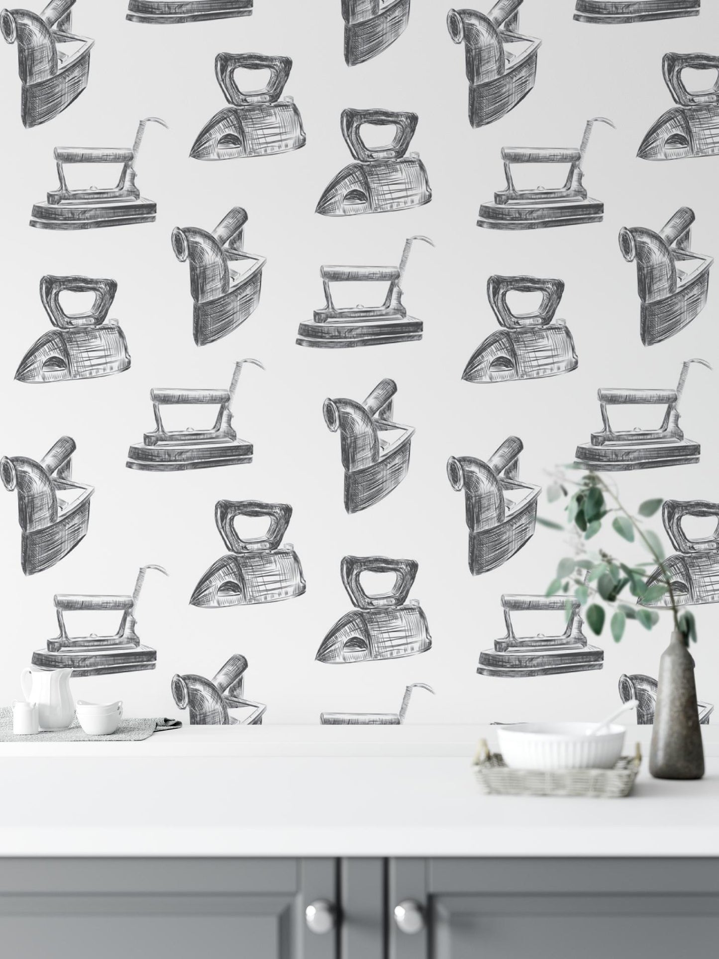 a wall with a pattern of kitchen appliances on it