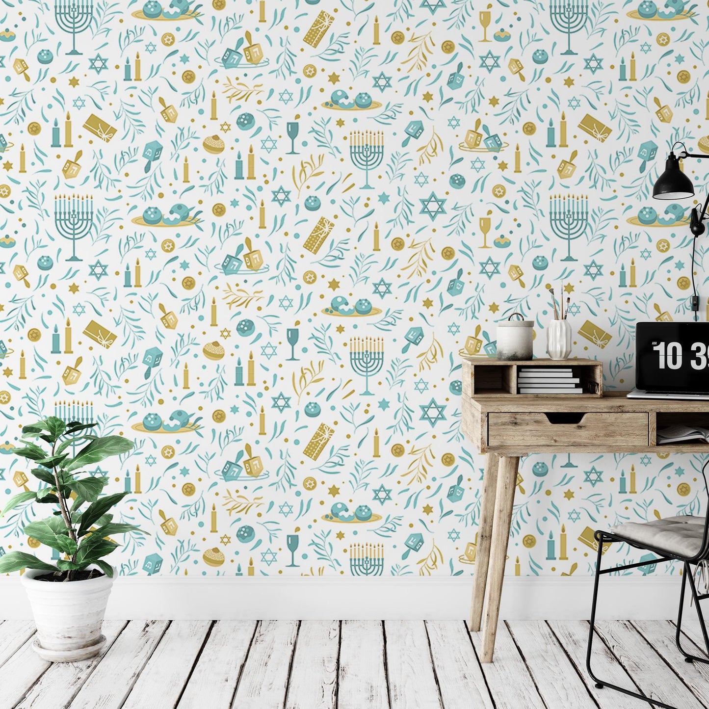 a room with a desk and a wall paper