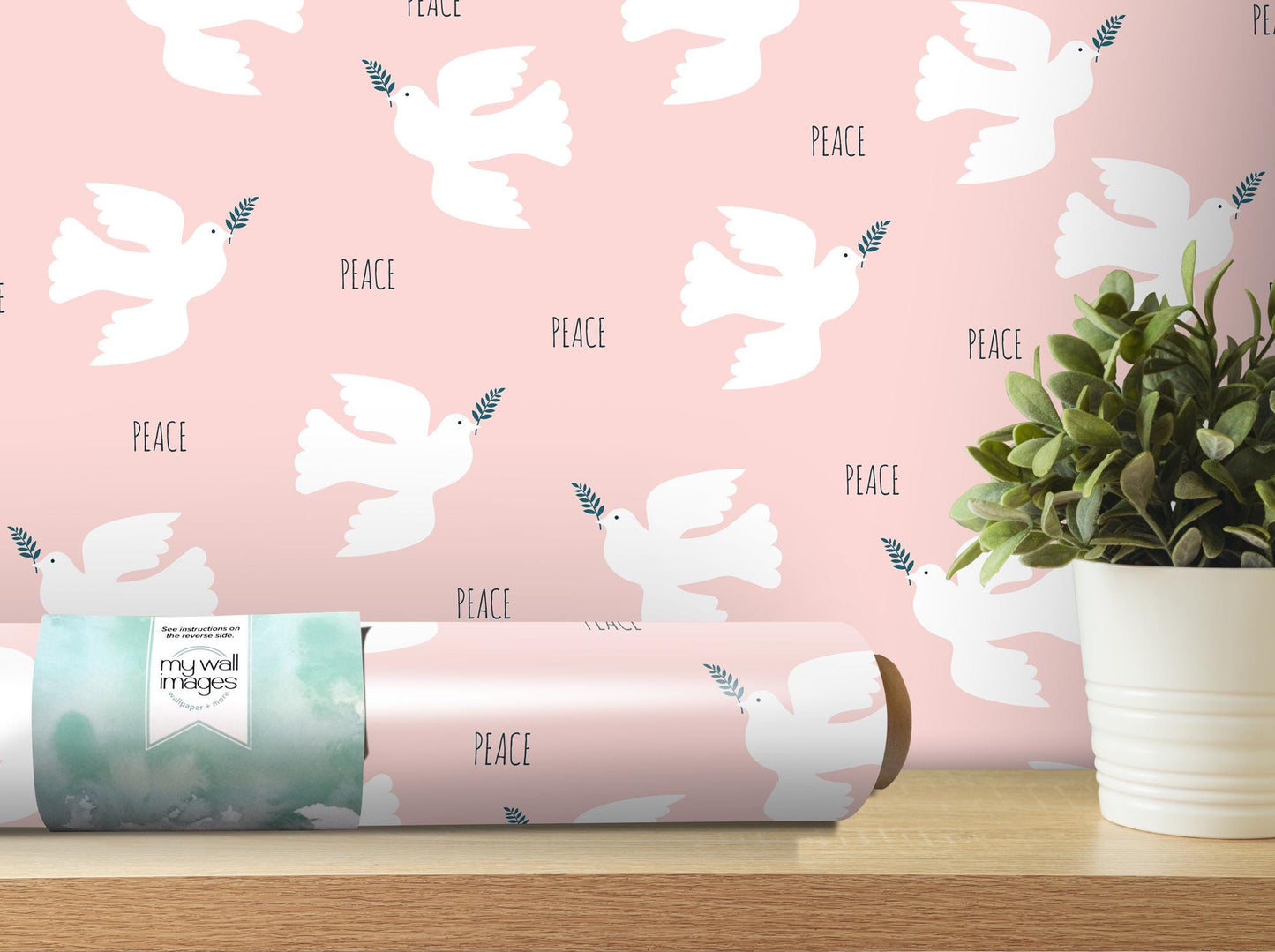 a pink wallpaper with white doves on it