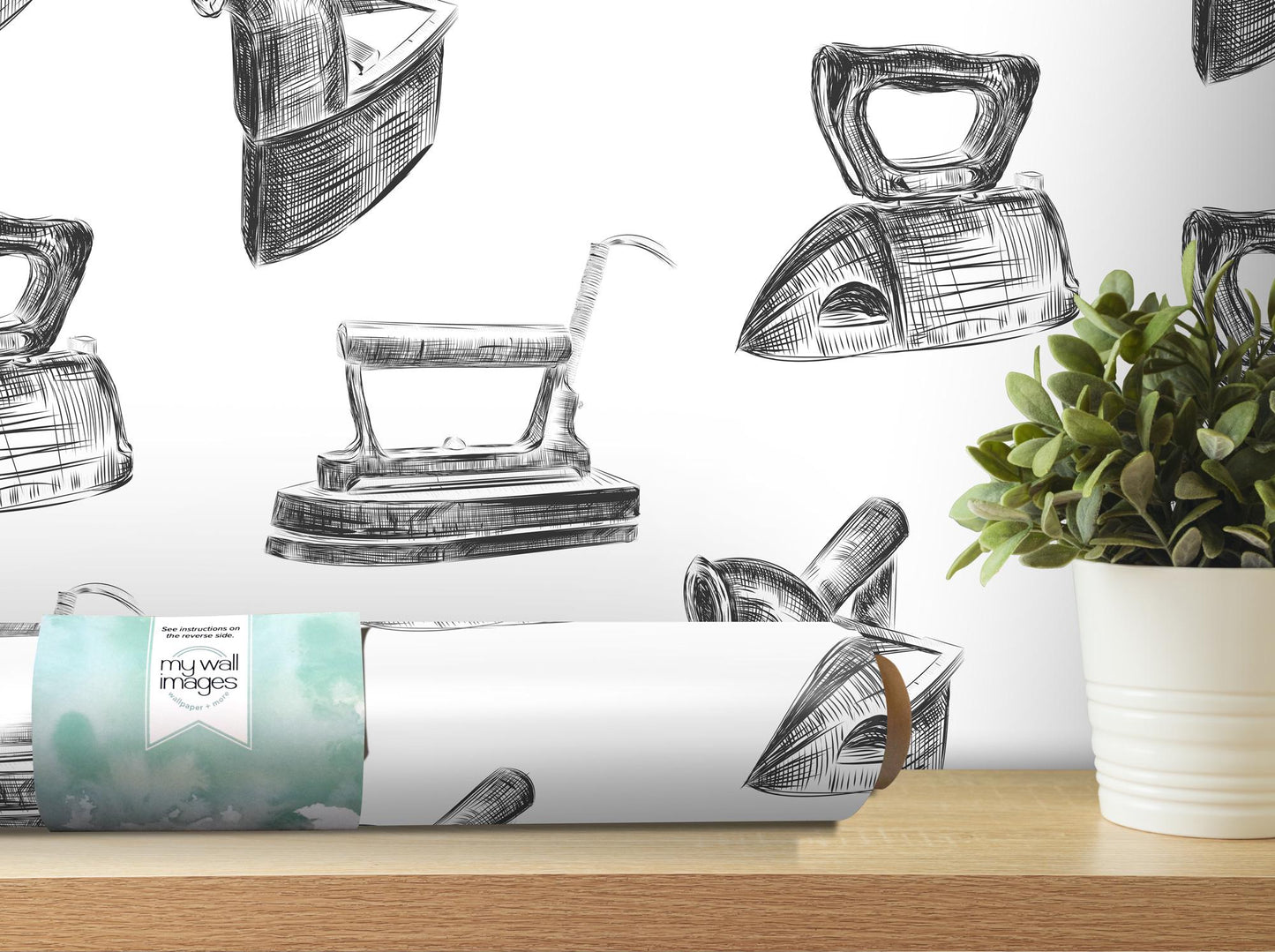 a drawing of a kitchen utensil next to a potted plant