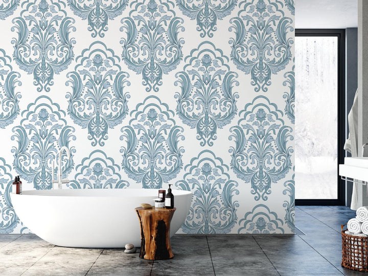 Soft Blue on White Damask Removable Wallpaper, Wall Art, Peel and Stick Wallpaper, Room Decor, Vintage Wallpaper, Accent Wall, MW1550