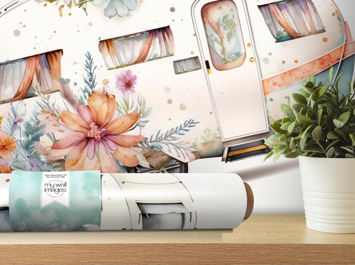 a wall mural of a camper with flowers on it