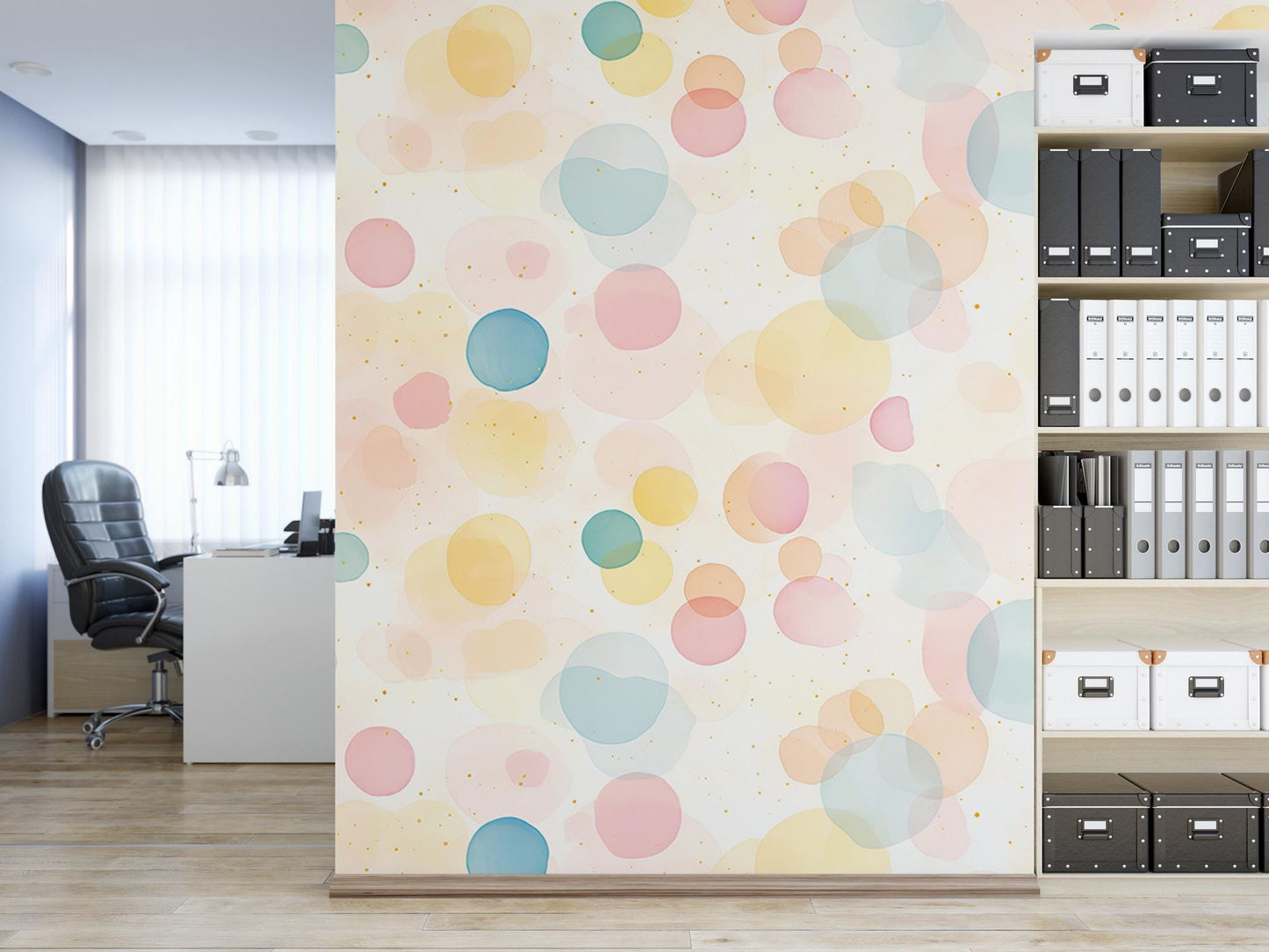 a room with a book shelf and a large wall mural