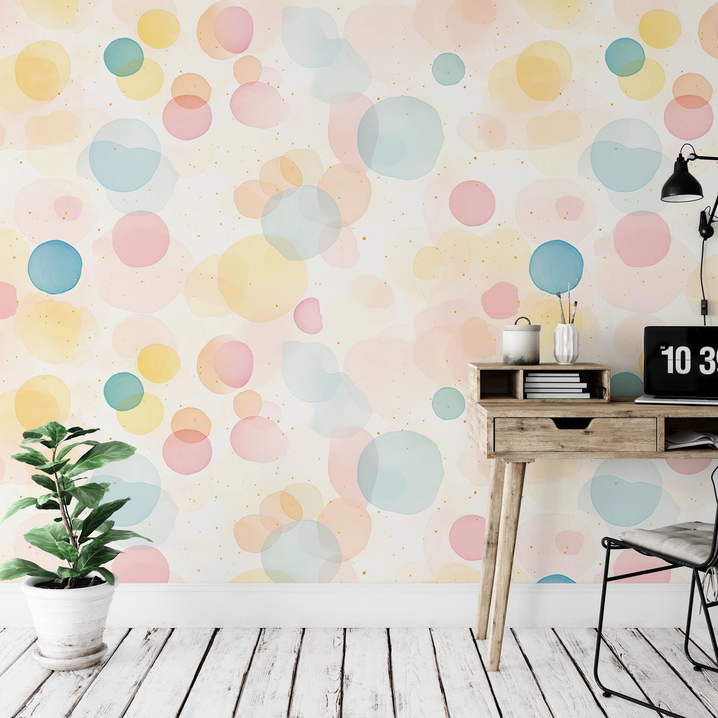 a room with a desk and a wall mural